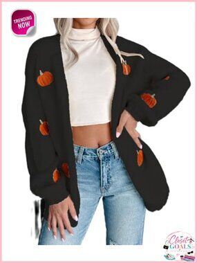 Women's Pumpkin Knit Cardigan Long Sleeve Open Front Halloween Sweater